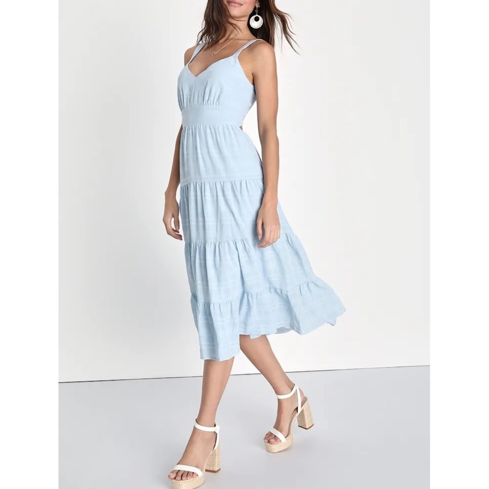 NWT Lulus Freest Feelings Light Blue Plaid Tiered Tie-Back Midi Dress Sundress M
